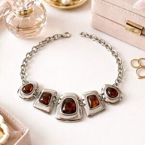 Kiam Family Faux Amber Silvertone Chunky Necklace Vintage 70's